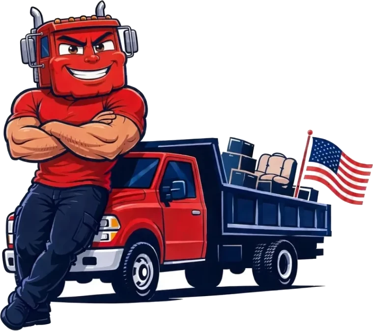 The Heavy Haul Cleanouts mascot leaning on a red dump truck loaded with boxes and an old armchair